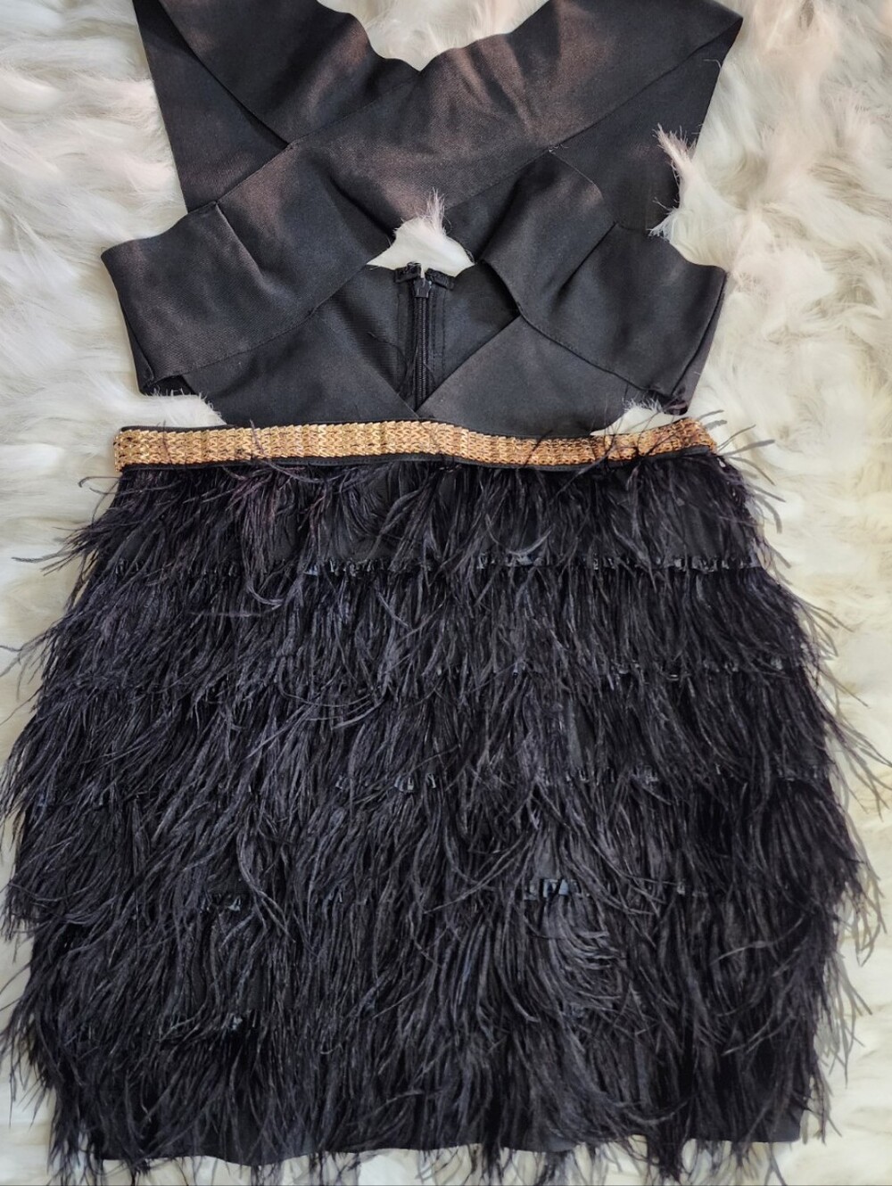 Fashion Nova Black Feather Mini Dress with Gold Waistband XL